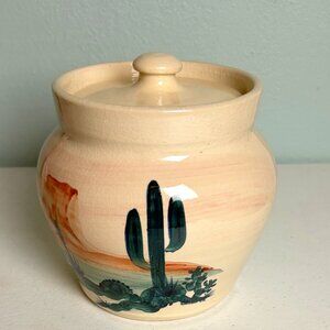 Ellis Prod Pottery Vintage Lidded Clay Pottery Jar with Desert Motif